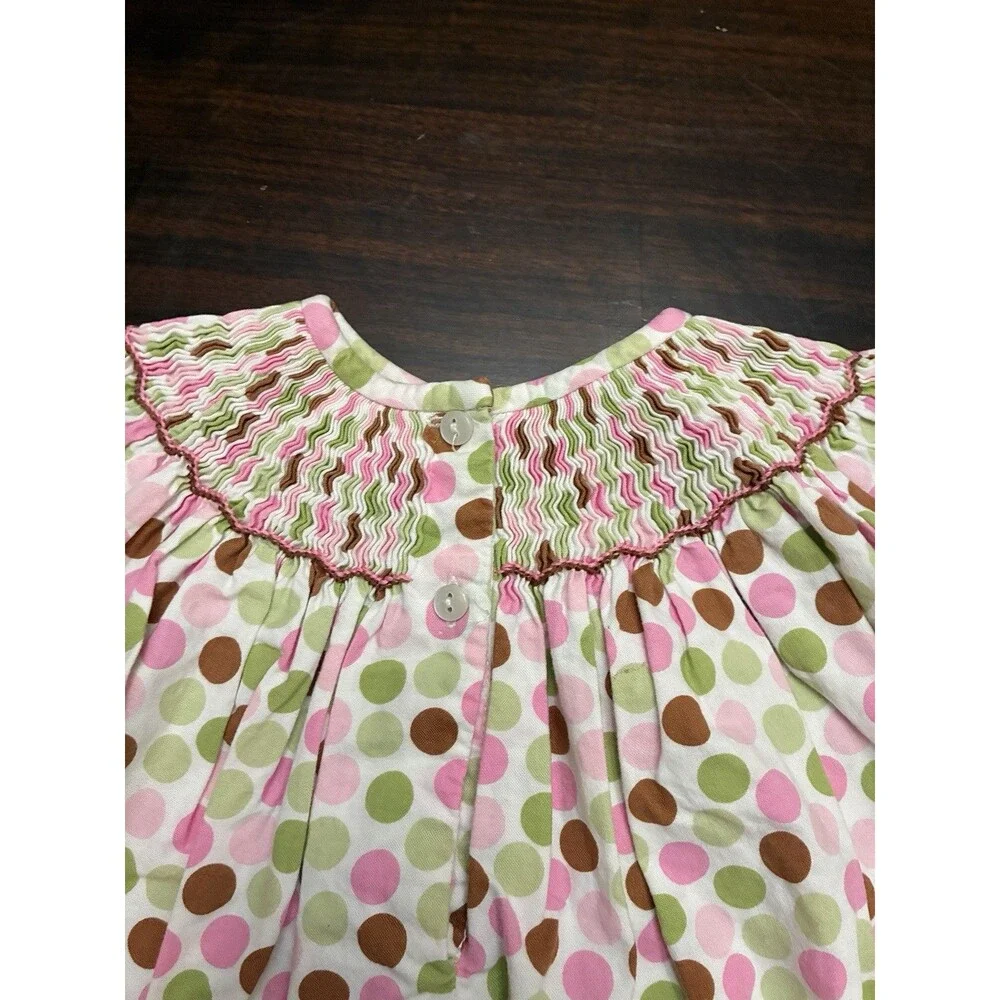 Amanda Remembered W/Smocked Purses. Dotted Pink, Green And Brown Dress. 18 Month